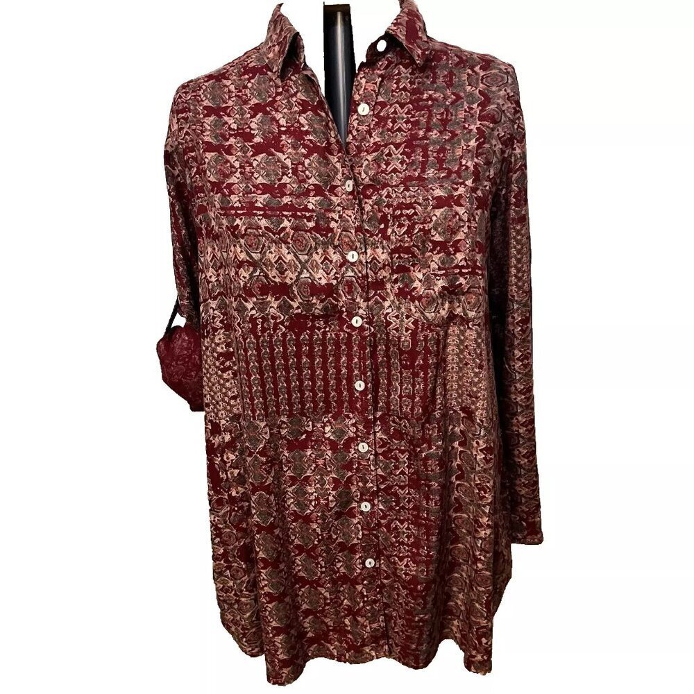 Intro Shirt. Plus Sz 2X. Button. Rayon. Roll Tab Sleeve. Maroon. India. B32